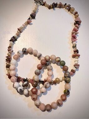 Natural Multi-Stone Beaded Necklace and Bracelet Set - Pink Tones